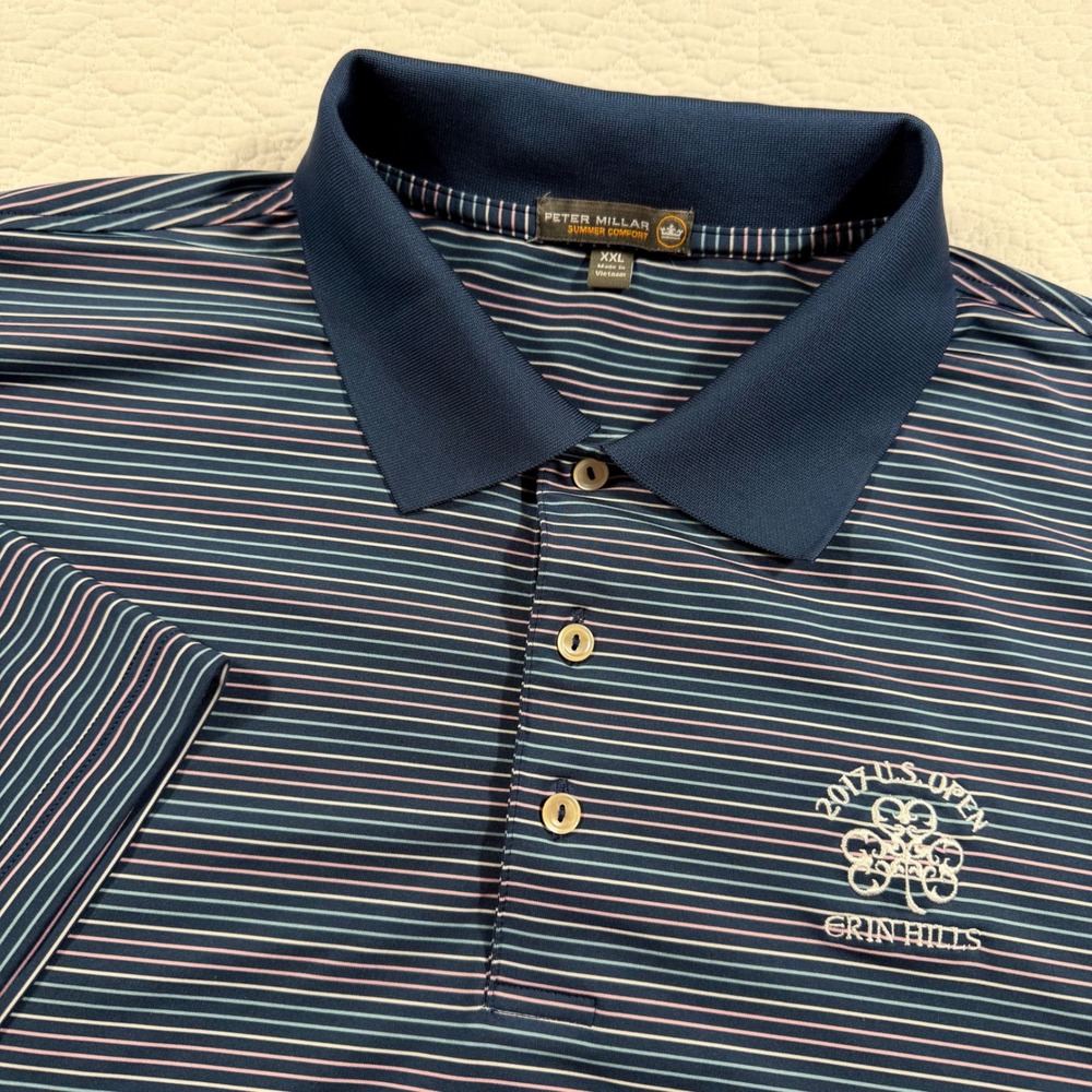Peter Millar Summer Comfort Polo‎ Shirt XXL Navy Stripe 2017 US Open Erin Hill